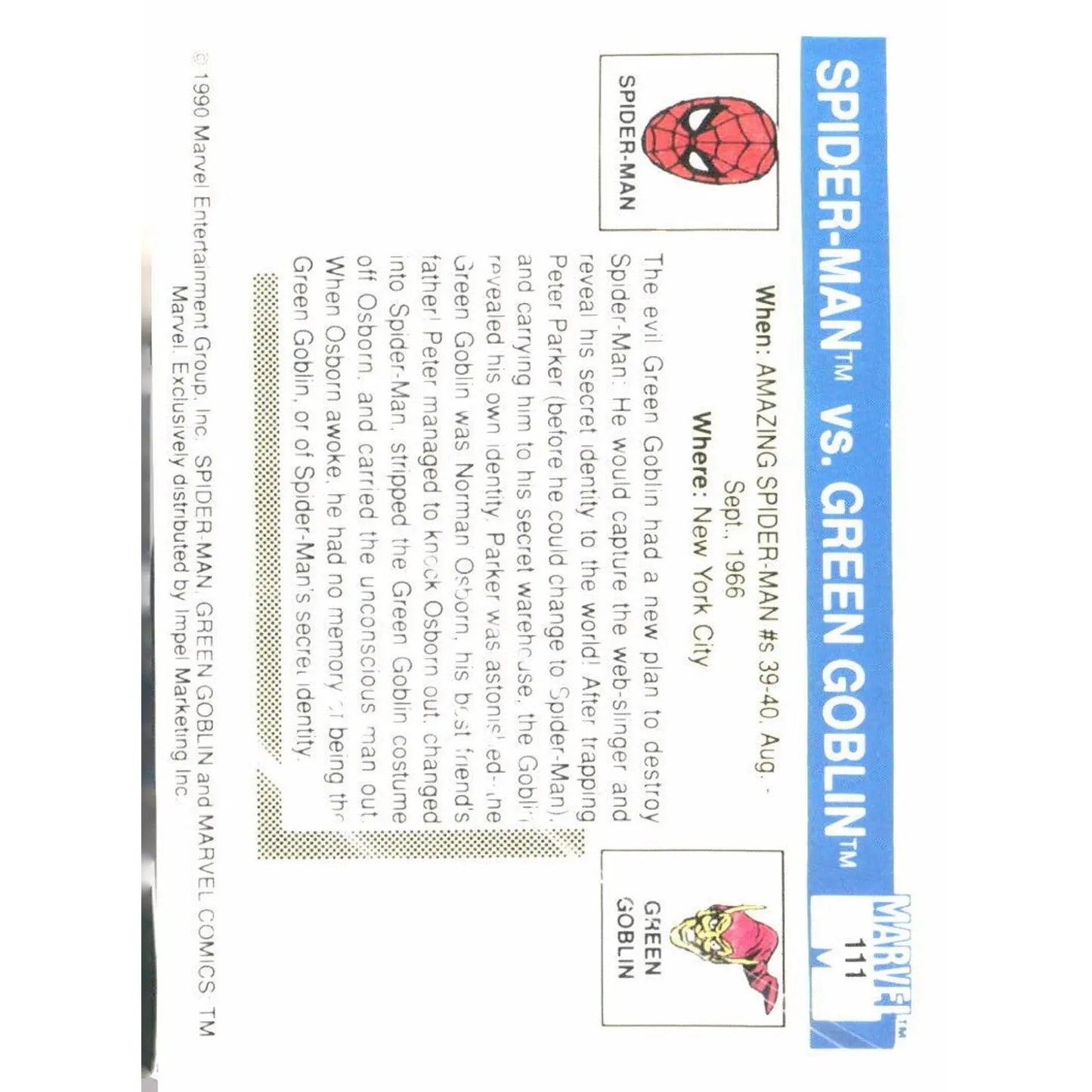 1990 Impel Marvel Universe #111 Spider - Man / Green Goblin - MOD Shop LLC