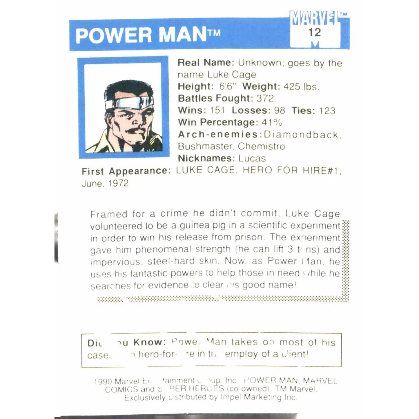 1990 Impel Marvel Universe #12 Power Man - MOD Shop LLC