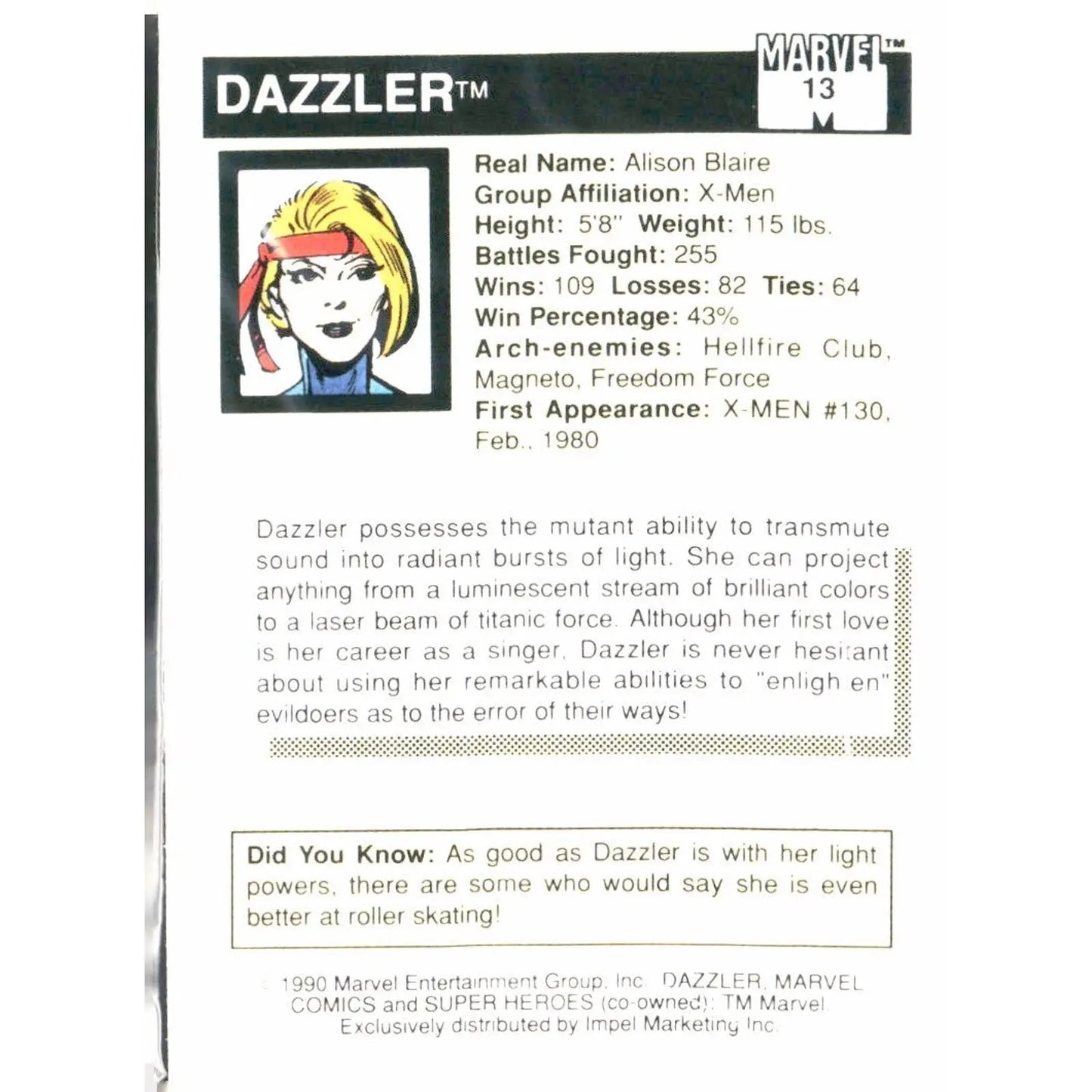 1990 Impel Marvel Universe #13 Dazzler - MOD Shop LLC