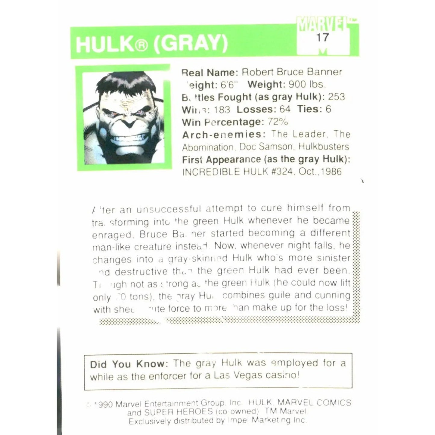 1990 Impel Marvel Universe #17 Hulk (gray) - MOD Shop LLC
