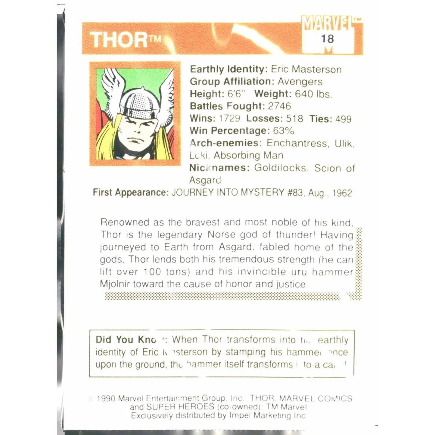 1990 Impel Marvel Universe #18 Thor - MOD Shop LLC