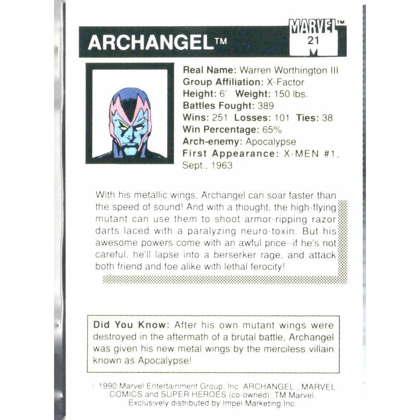 1990 Impel Marvel Universe #21 Archangel - MOD Shop LLC