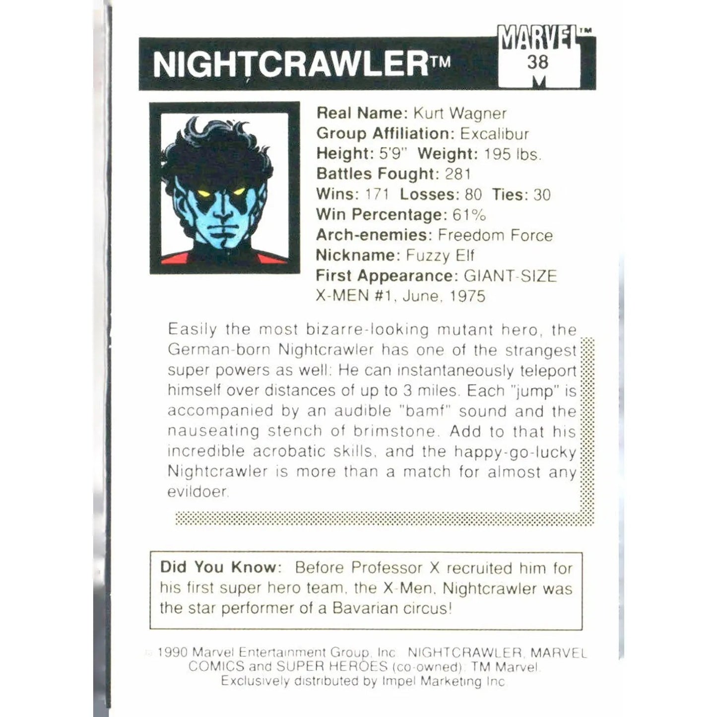 1990 Impel Marvel Universe #38 Nightcrawler - MOD Shop LLC
