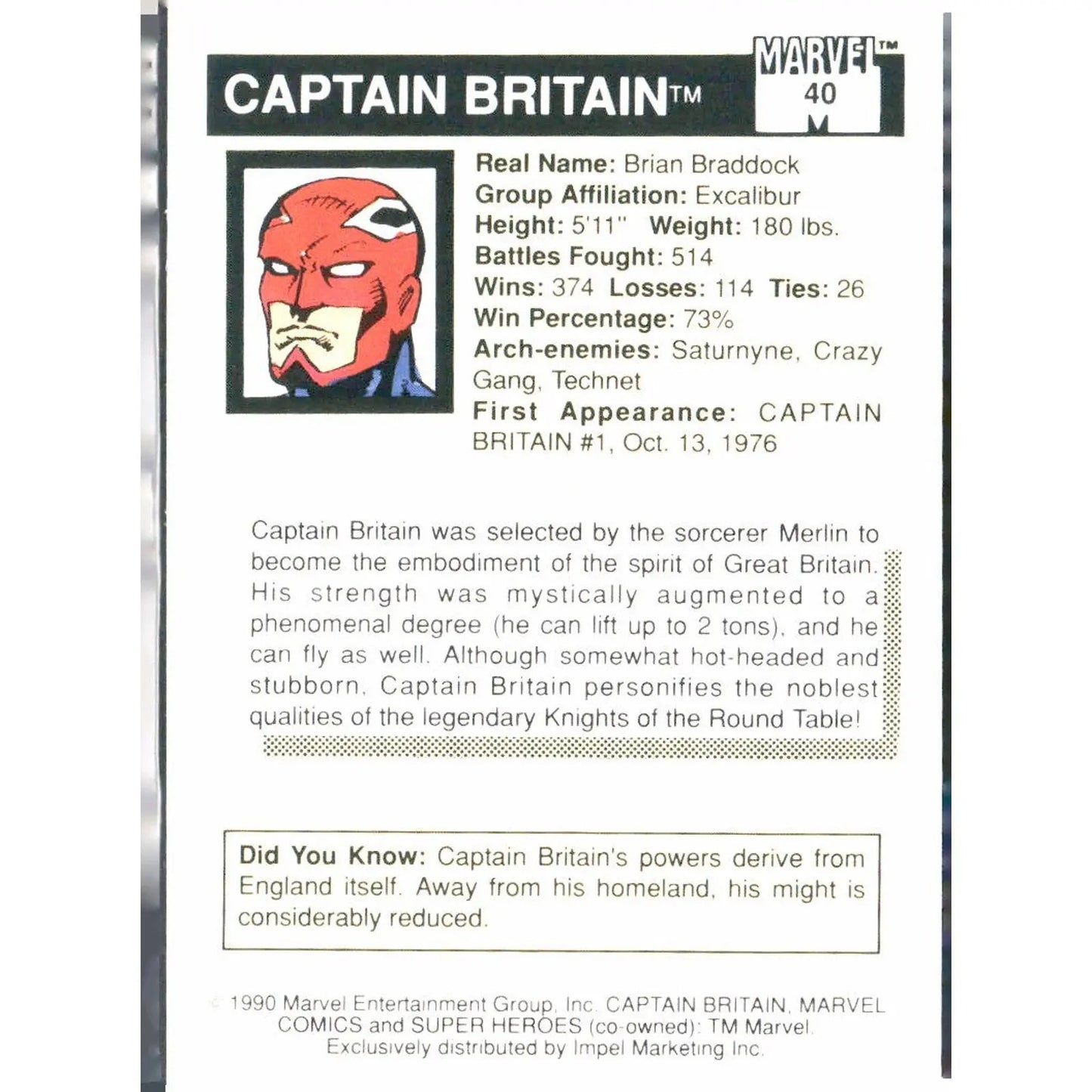 1990 Impel Marvel Universe #40 Captain Britian - MOD Shop LLC