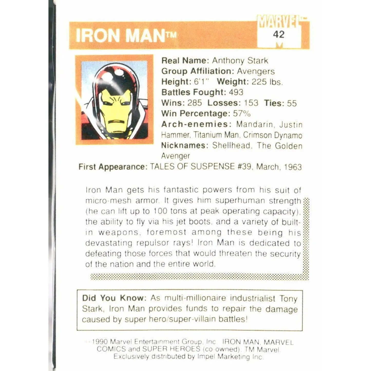 1990 Impel Marvel Universe #42 Iron Man - MOD Shop LLC