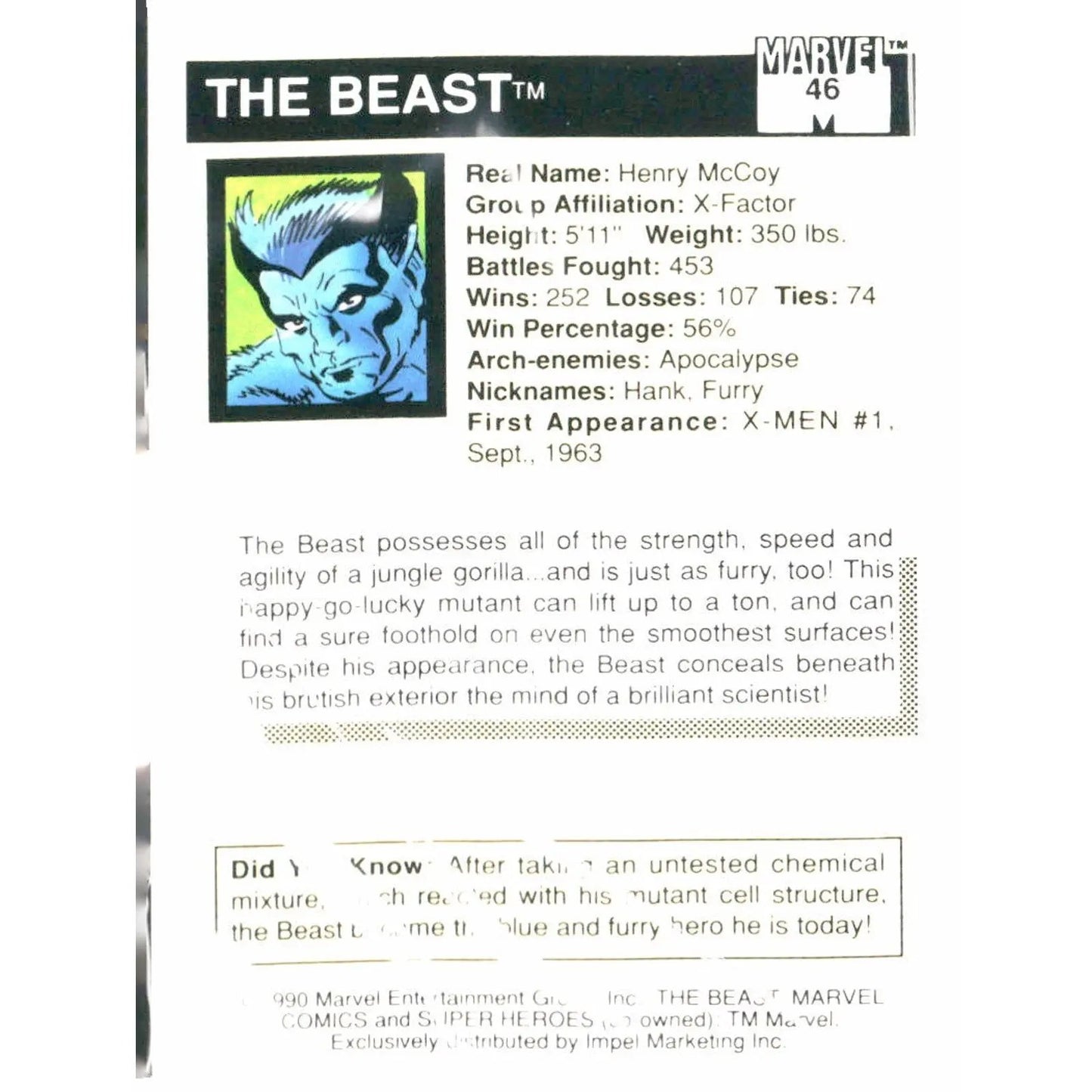 1990 Impel Marvel Universe #46 The Beast - MOD Shop LLC