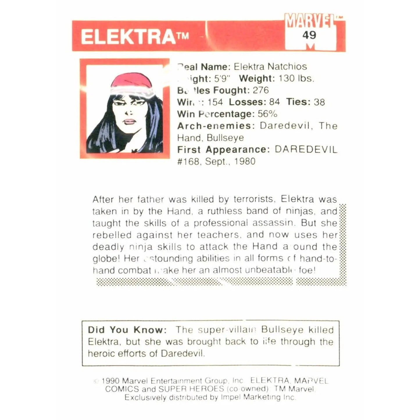 1990 Impel Marvel Universe #49 Elektra - MOD Shop LLC