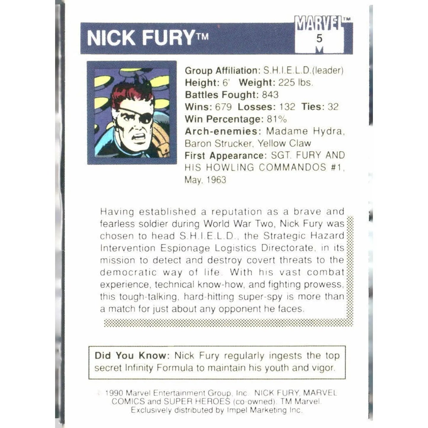 1990 Impel Marvel Universe #5 Nick Fury - MOD Shop LLC