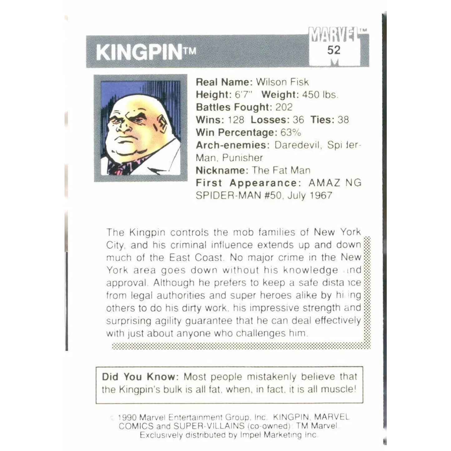 1990 Impel Marvel Universe #52 Kingpin - MOD Shop LLC