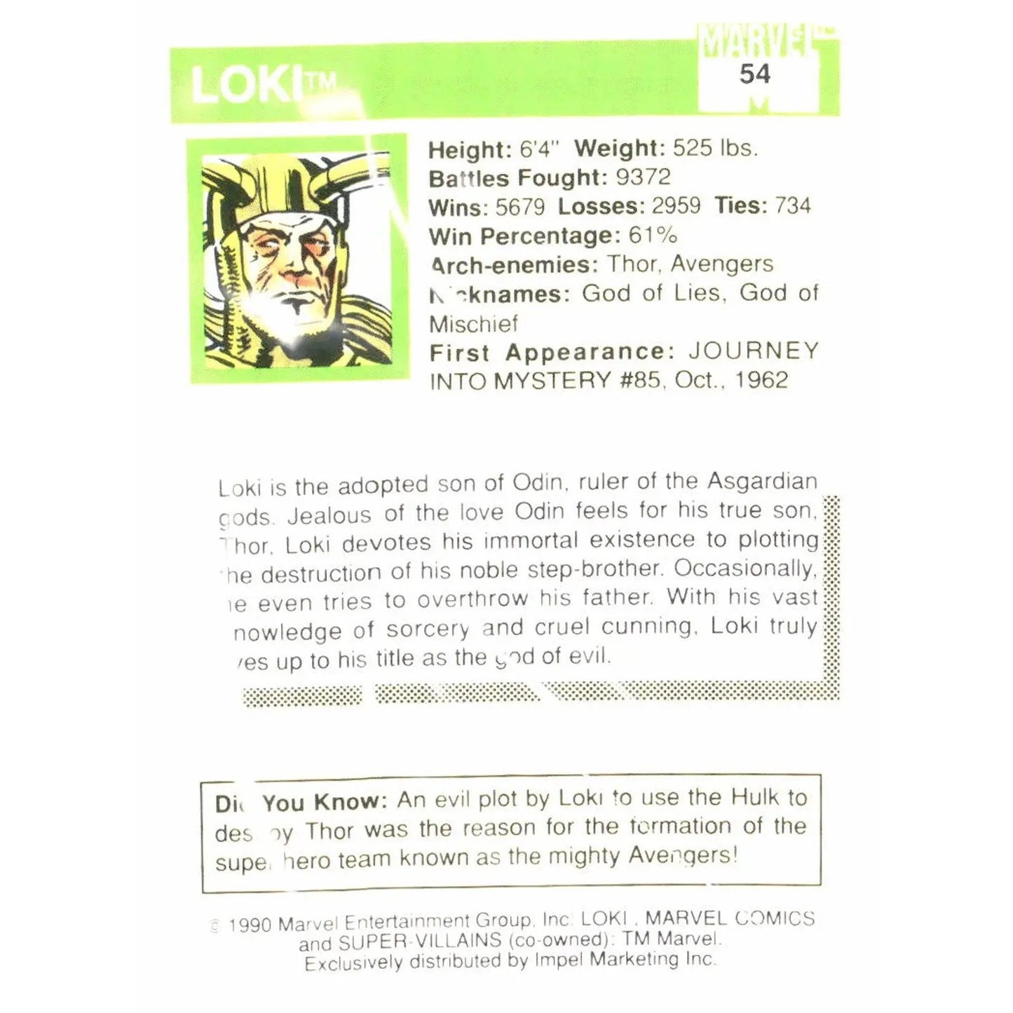 1990 Impel Marvel Universe #54 Loki - MOD Shop LLC