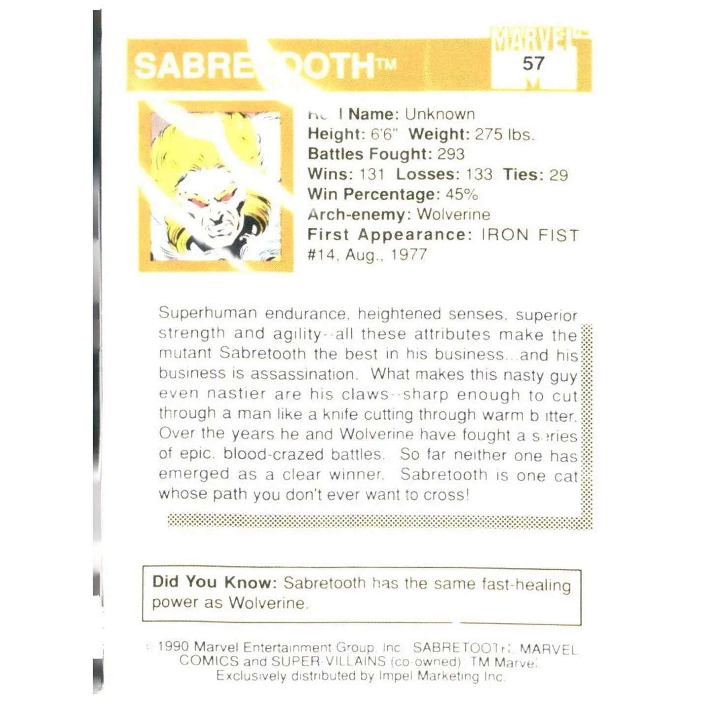 1990 Impel Marvel Universe #57 Sabretooth - MOD Shop LLC