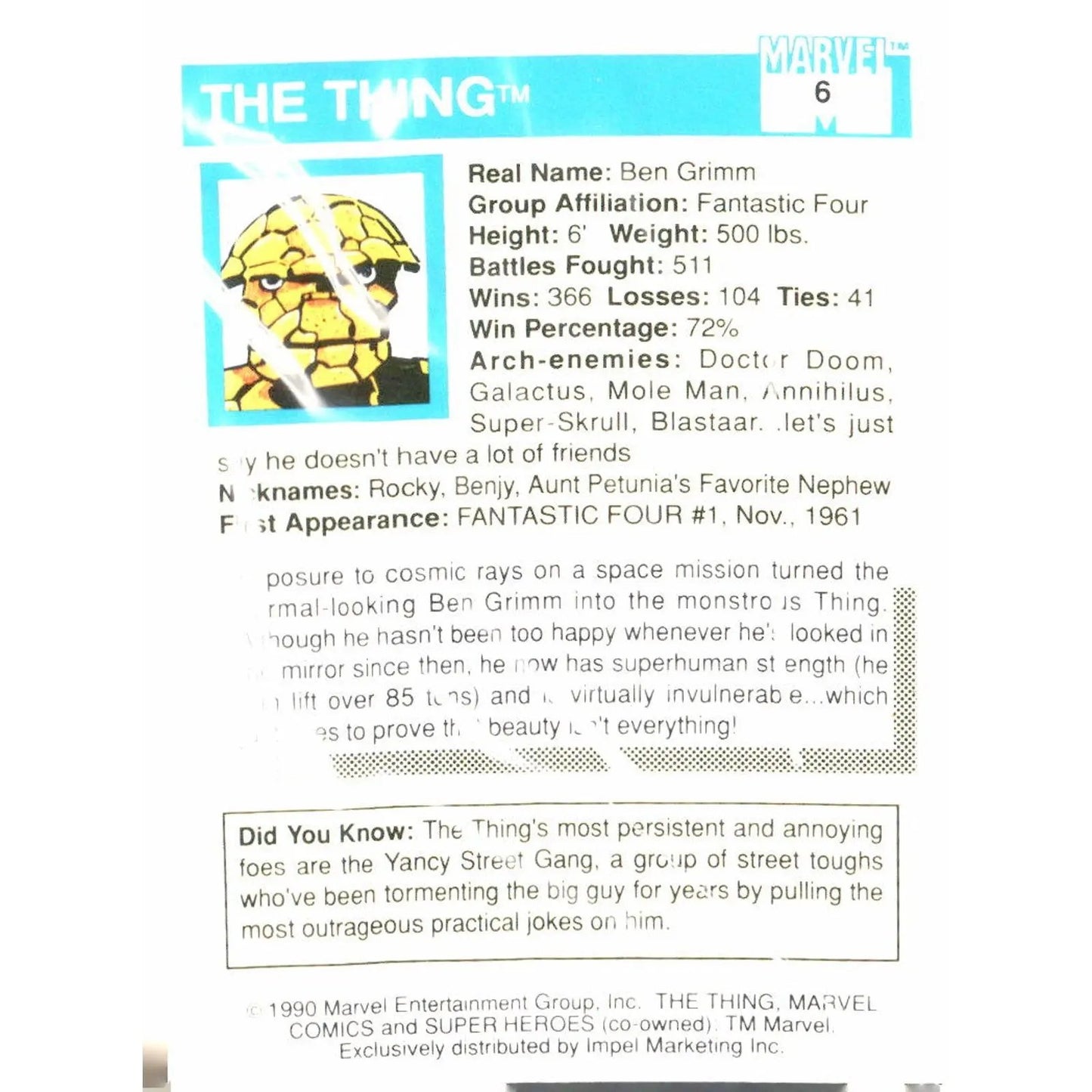 1990 Impel Marvel Universe #6 The Thing - MOD Shop LLC