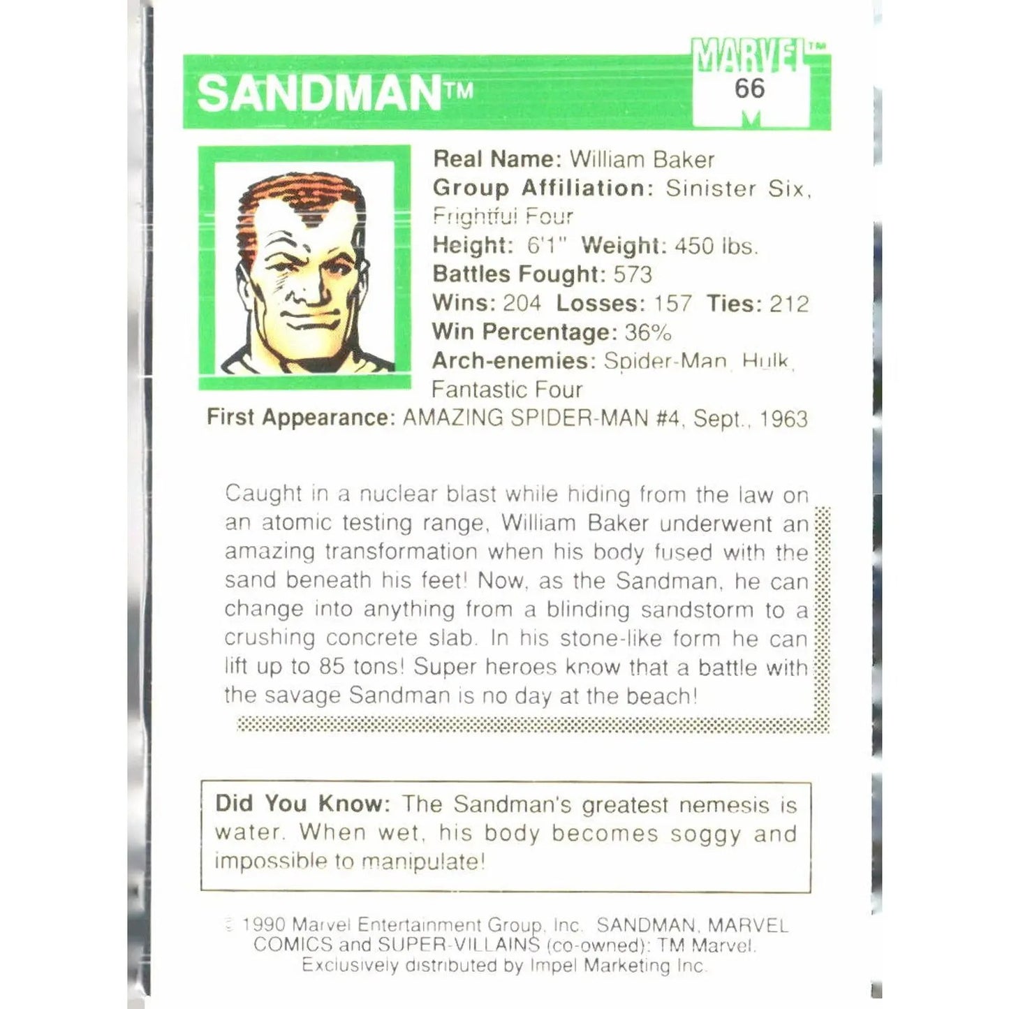 1990 Impel Marvel Universe #66 Sandman - MOD Shop LLC