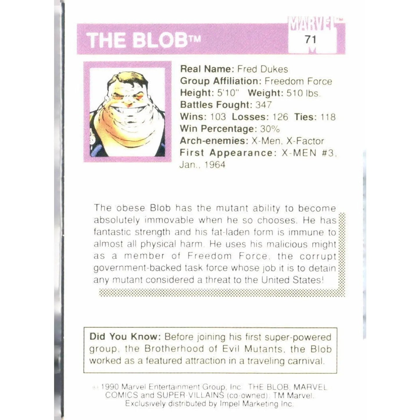 1990 Impel Marvel Universe #71 The Blob - MOD Shop LLC