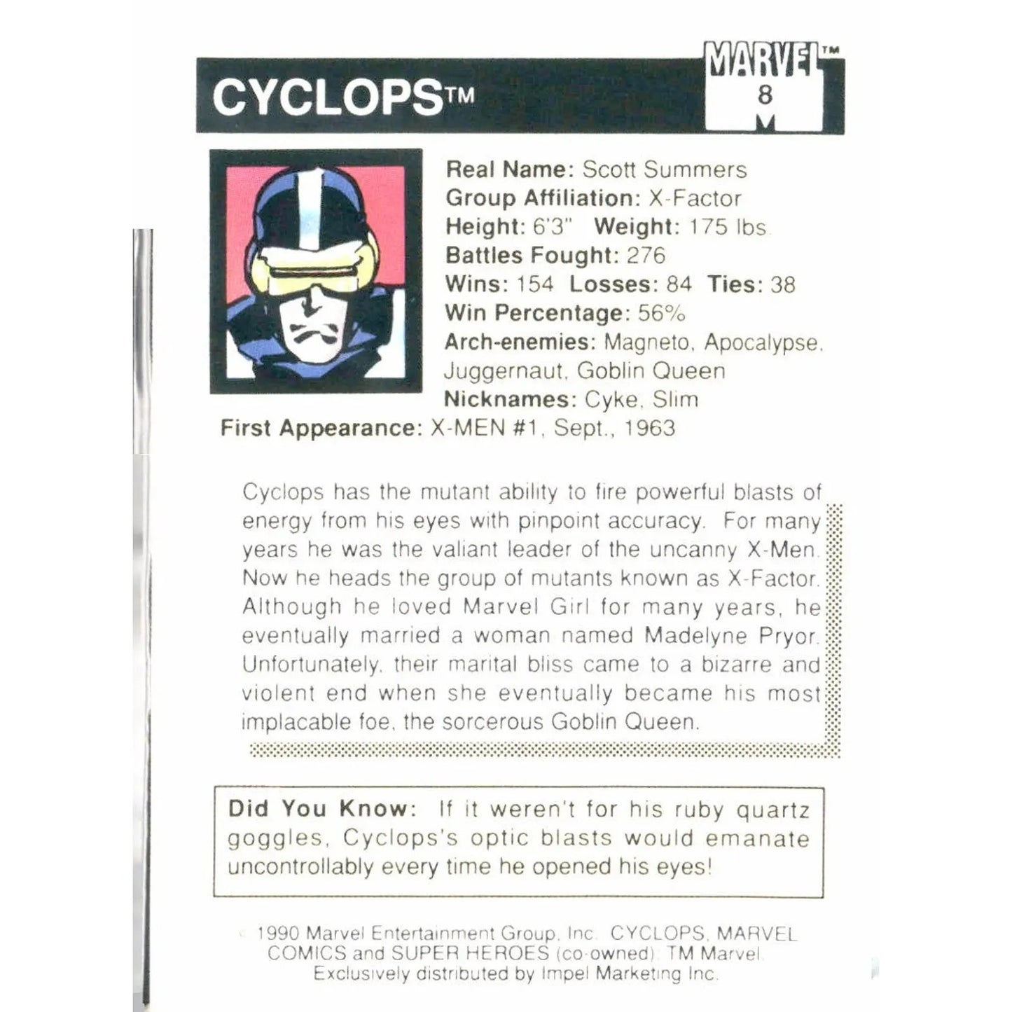 1990 Impel Marvel Universe #8 Cyclops - MOD Shop LLC