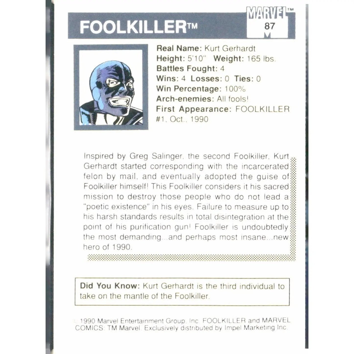1990 Impel Marvel Universe #87 Foolkiller - MOD Shop LLC