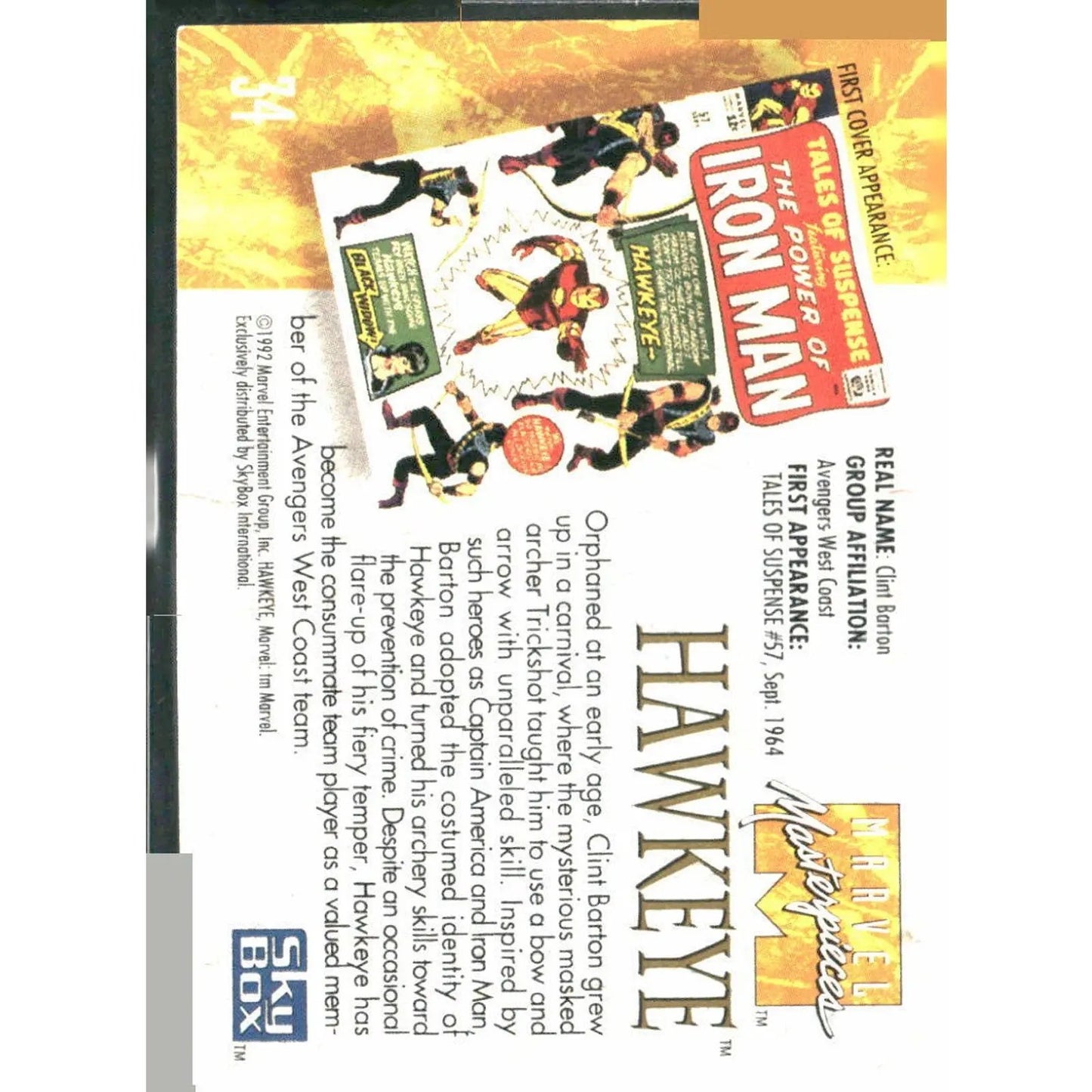 1992 SkyBox Marvel Masterpieces #34 Hawkeye - MOD Shop LLC