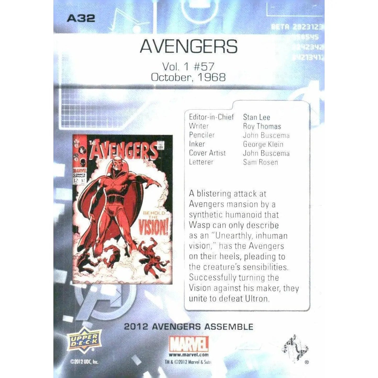 2012 Upper Deck Avengers Assemble #A32 Avengers - Vol. 1 #57 - October, 1968 - MOD Shop LLC