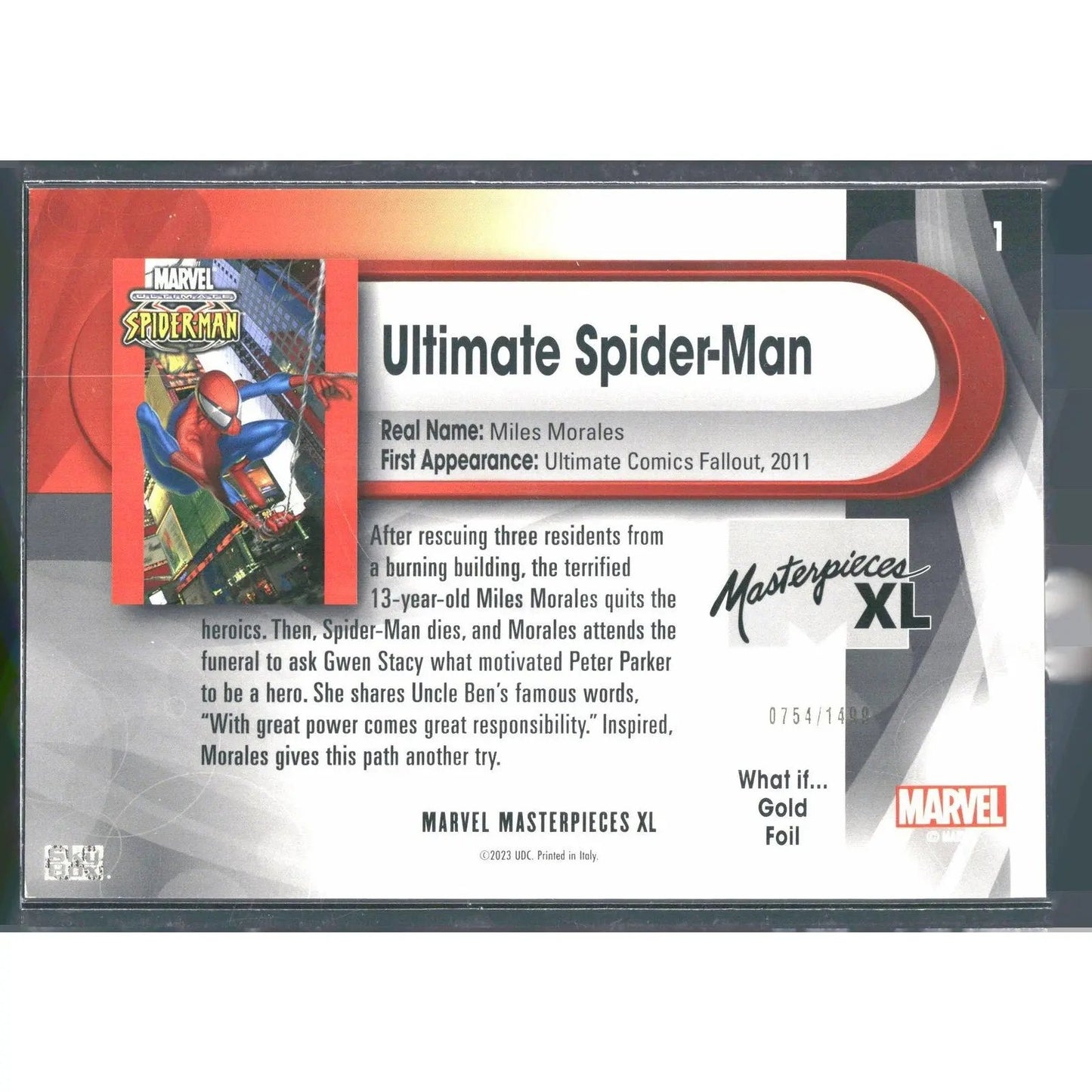 2024 SkyBox Marvel Masterpieces XL #1 Ultimate Spider - Man Lvl 1 WI Gold /1499 - MOD Shop LLC