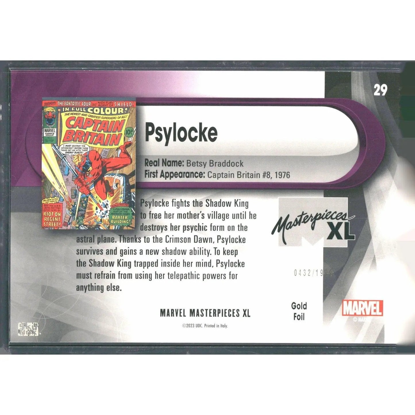 2024 SkyBox Marvel Masterpieces XL #29 Psylocke Lvl 1 Gold Foil /1999 - MOD Shop LLC