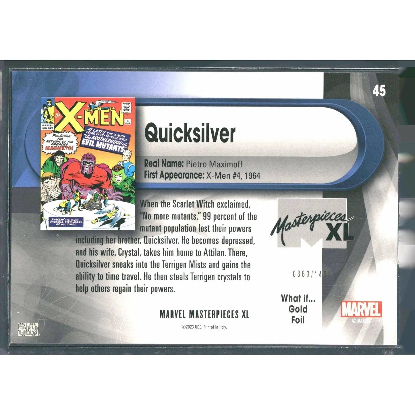 2024 SkyBox Marvel Masterpieces XL #45 Quicksilver Lvl 2 What If Gold / 1499 - MOD Shop LLC