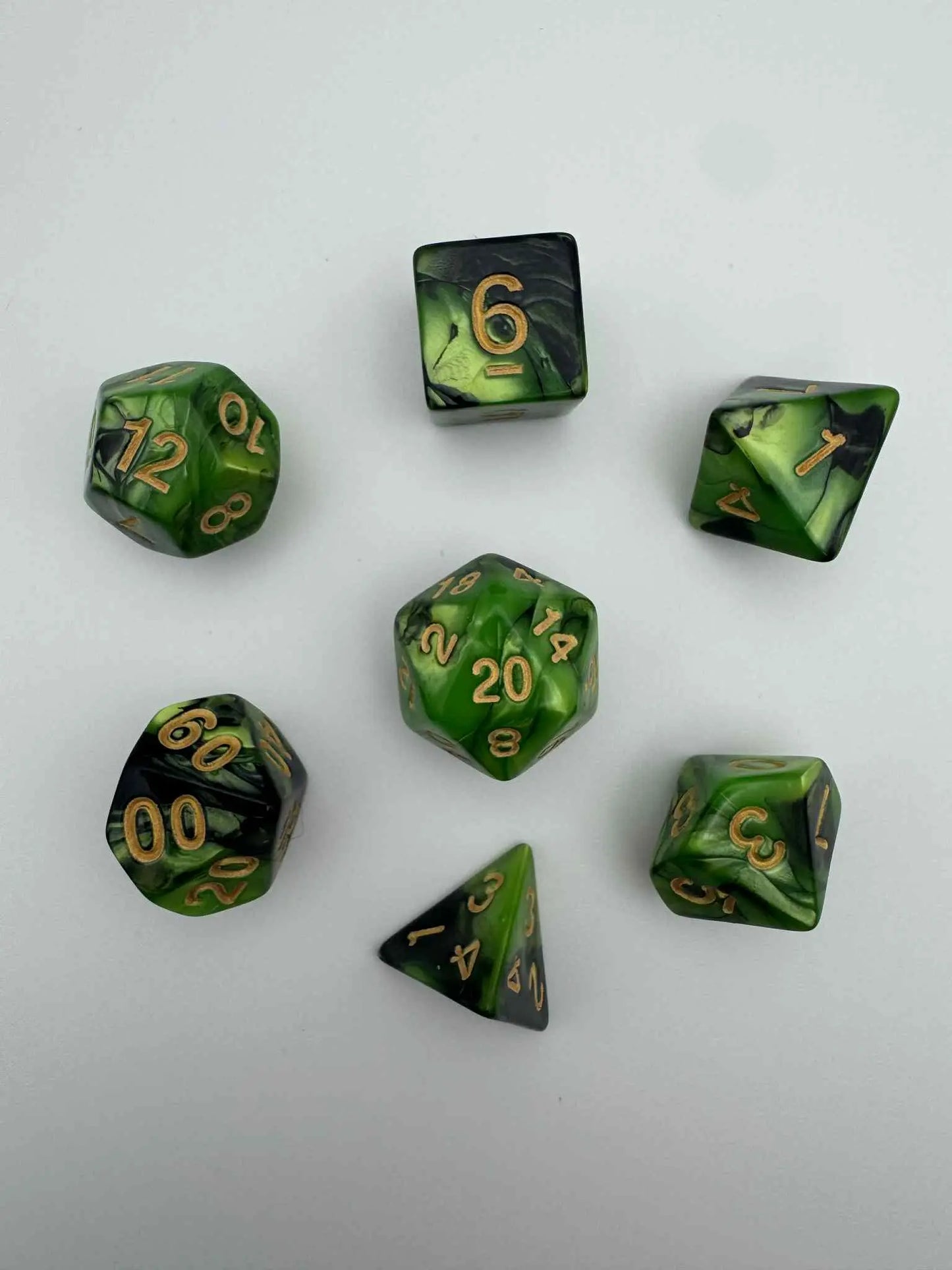 Dice - Green/Black/Gold - Swirl - Dice Set - 7 pc Set