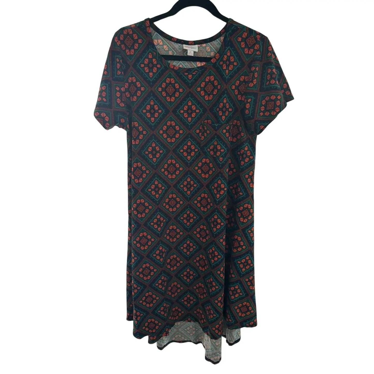 LuLaRoe Carly Dress – Red & Teal Geometric Diamond Print, Size M (Preowned, Excellent Condition) - MOD Shop LLC