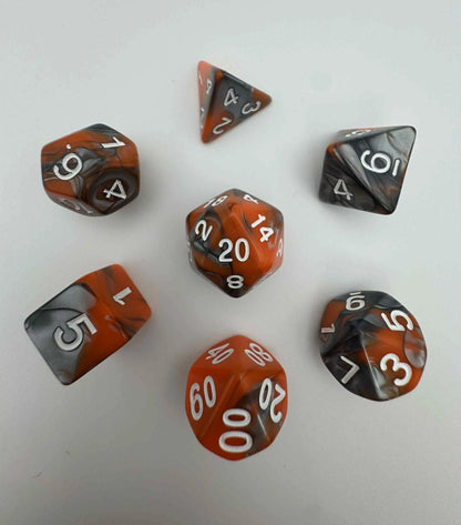 Dice - Orange/Silver/White - Swirl - Dice Set - 7 pc Set