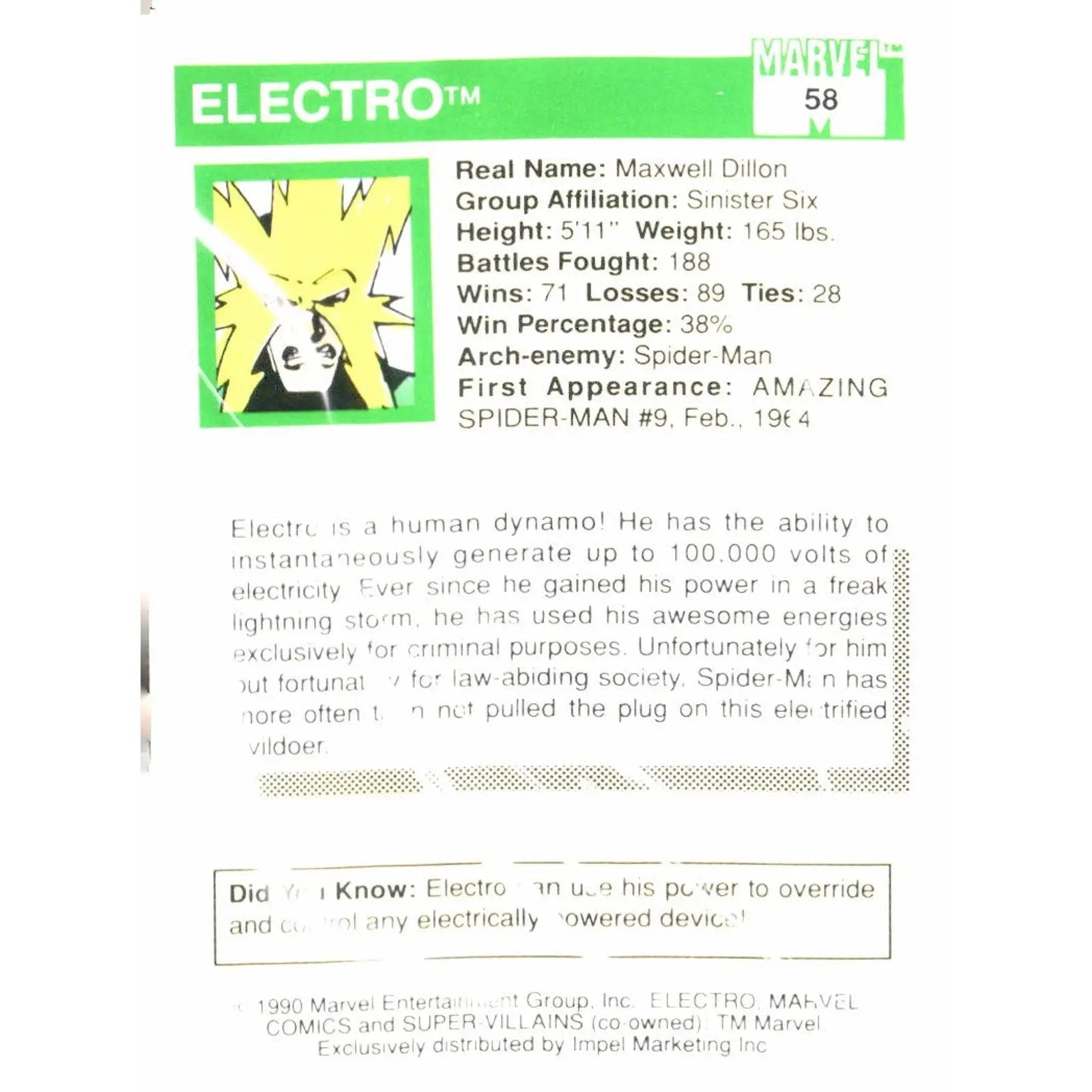 1990 Impel Marvel Universe #58 Electro - MOD Shop LLC
