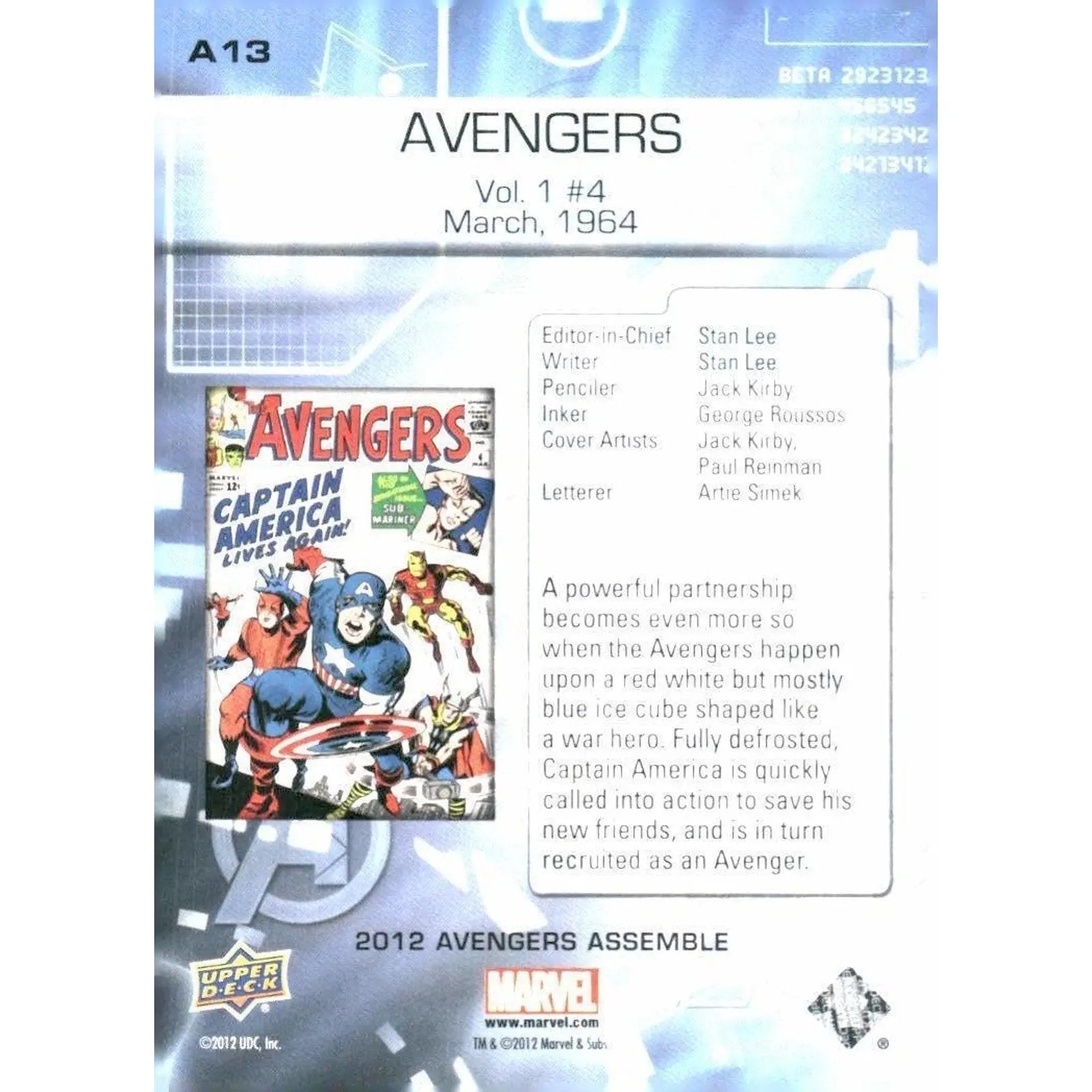 2012 Upper Deck Avengers Assemble #A13 Avengers - Vol. 1 #4 - March, - MOD Shop LLC