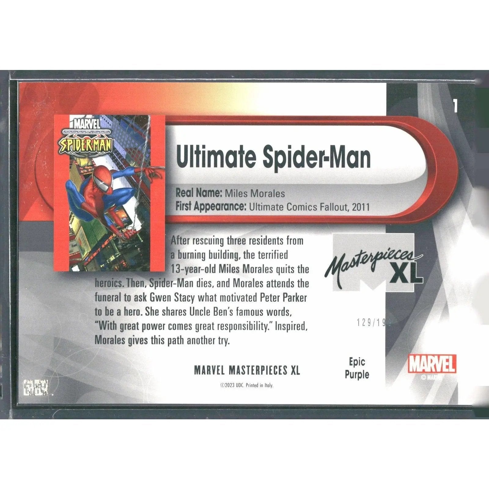 2024 SkyBox Marvel Masterpieces XL #1 Ultimate Spider - Man Epic Purple Foil /199 - MOD Shop LLC