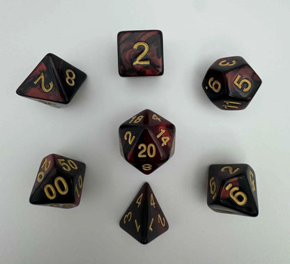 Dice - Red/Black/Gold - Swirl - Dice Set - 7 pc Set