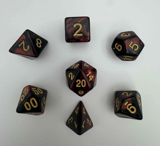 Dice - Red/Black/Gold - Swirl - Dice Set - 7 pc Set