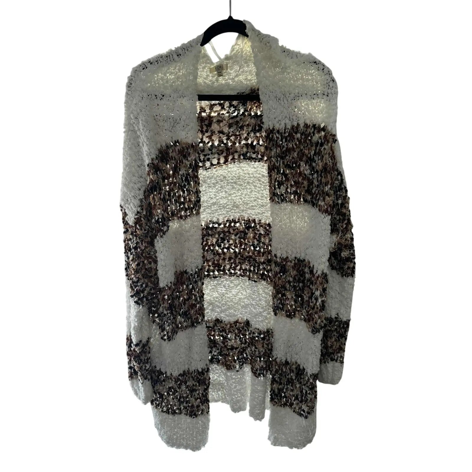 Kori Open - Weave Cardigan – White & Brown Striped, Size S/M (Preowned, Excellent Condition) - MOD Shop LLC
