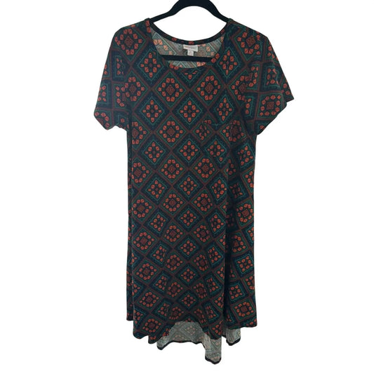 LuLaRoe Carly Dress – Red & Teal Geometric Diamond Print, Size M (Preowned, Excellent Condition) - MOD Shop LLC