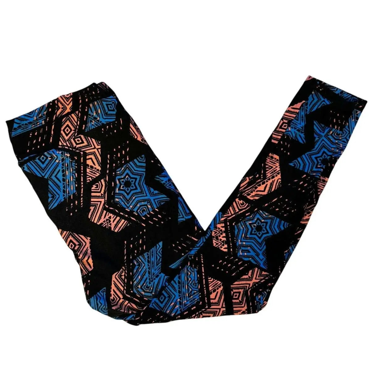 Lularoe Leggings – Black Base with Blue & Coral Geometric Print, Size TC (Preowned, Excellent Condition) - MOD Shop LLC