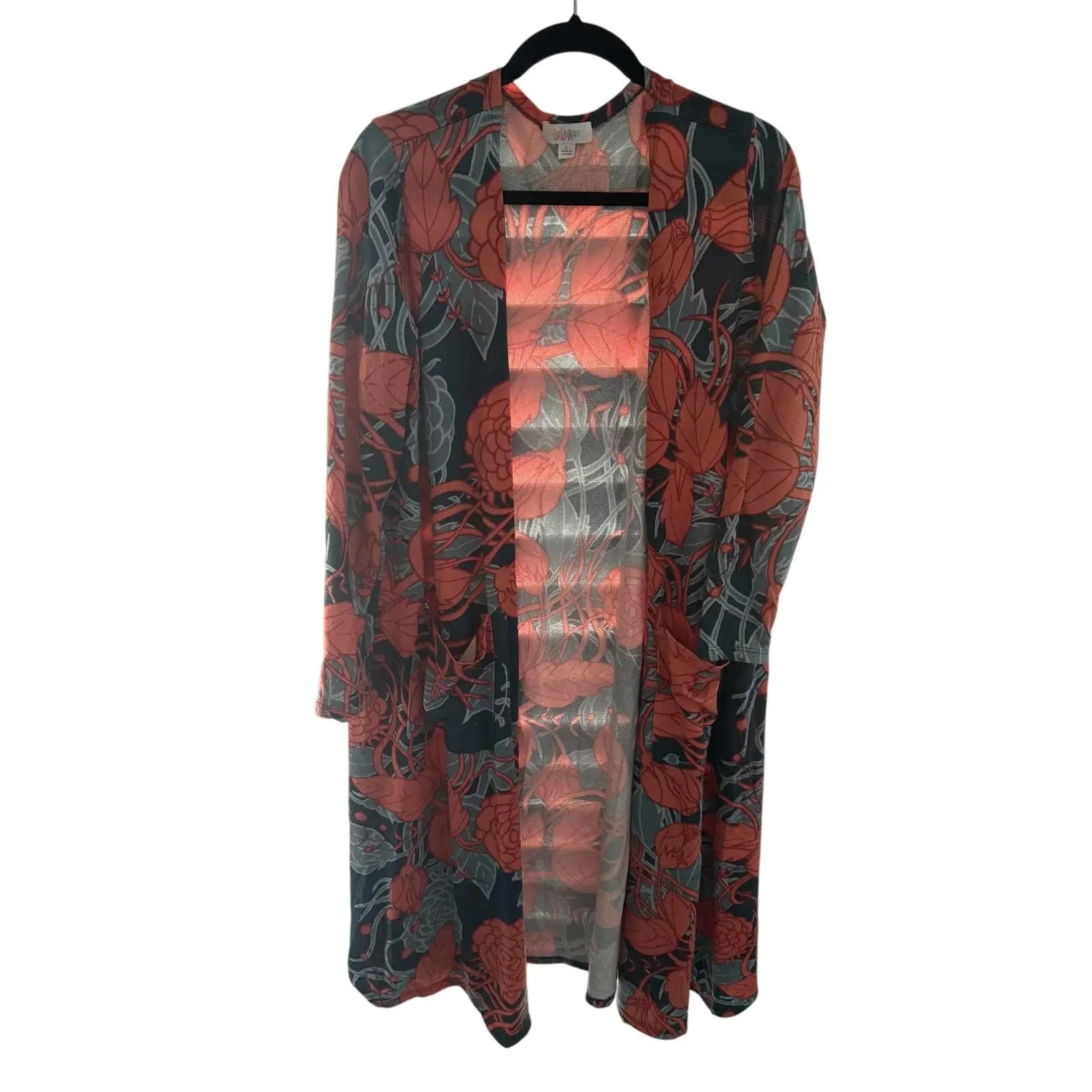 LuLaRoe Sarah Cardigan – Coral & Gray Floral, Size L (Preowned, Excellent Condition) - MOD Shop LLC